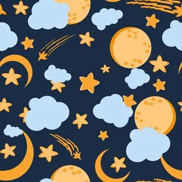 Cute character sleeping cloud. Dark blue sky and white cloud. Good night, lit Ilustração Stock