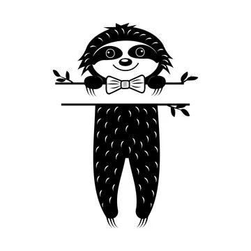 Cute Character Sloth Boy with Text Separator Black Stencil Monogram Isolated  Stock Illustration