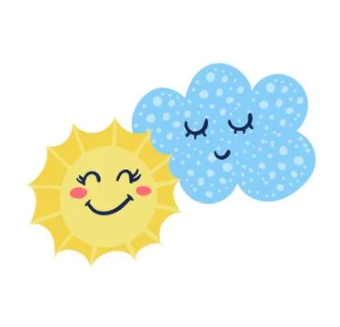 Cute character sun, cloud enjoy springtime weather, warm meteorological Stock Illustration