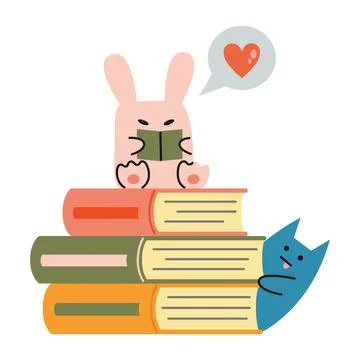 Cute characters and a stack of books, the concept of school and learning. Tre Stock Illustration