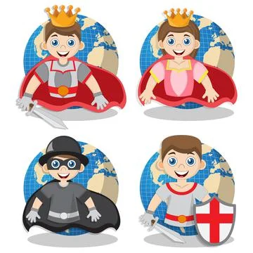 Cute characters on the background of the globe. Stock Illustration