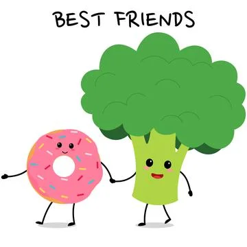 Cute characters donut and broccoli. Greeting card about friendship. Stock Illustration