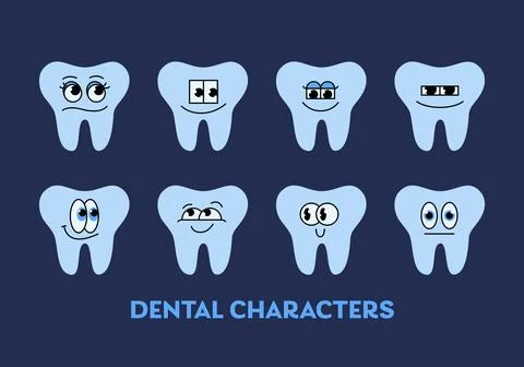 Cute characters with funny faces with emotions, teeth in cartoon style. Stock Illustration