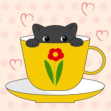 Cute characters grey cat in a coffee cup. Cartoon character in doodle style. Stock Illustration