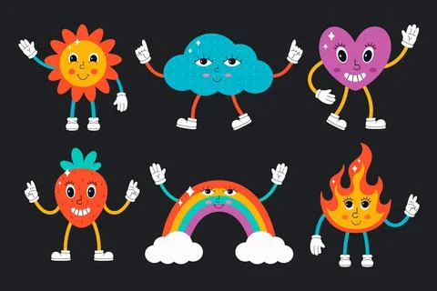 Cute characters in psychedelic style. Retro, vintage, 90s style Иллюстрация