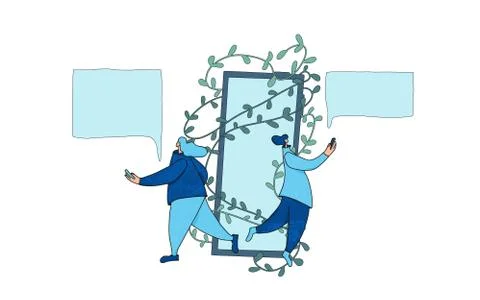 Cute characters using their mobile for texting a message. Two young persons c Stock Illustration