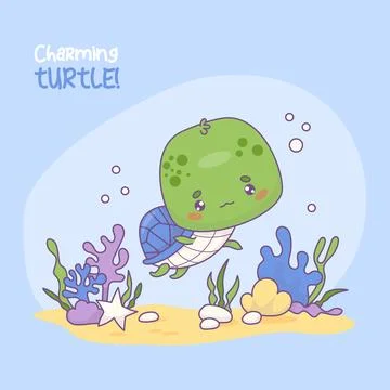 Cute charming turtle. Underwater world with cartoon kawaii character animal.. Stock Illustration