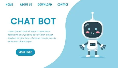Cute chat bot character, landing page template, flat vector illustration. イラスト素材