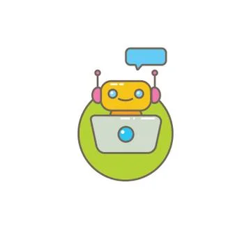 Cute chatbot character or intelligent assistant with speech bubble isolated on Illustrazione stock