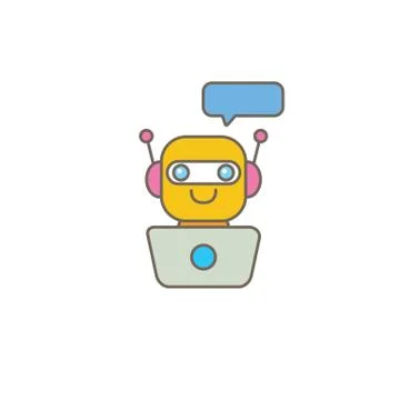 Cute chatbot character or intelligent assistant with speech bubble isolated on Illustrazione stock