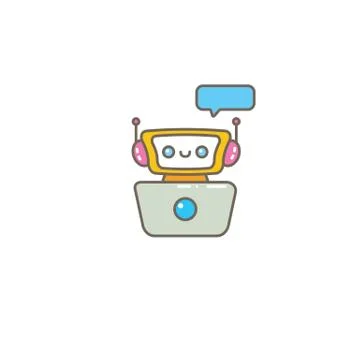 Cute chatbot character or intelligent assistant with speech bubble isolated on Illustrazione stock