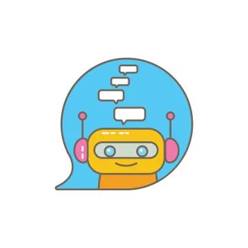 Cute chatbot character or intelligent assistant with speech bubble isolated on Illustrazione stock