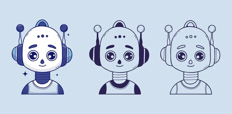 Cute Chatbot Face, Robot, Assistant AI character set. Outline and color han.. Stock Illustration