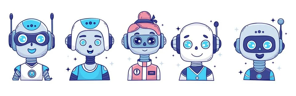 Cute Chatbot Face, Robot, virtual Assistant AI, bot girl set. Interface Ico.. Ilustração Stock