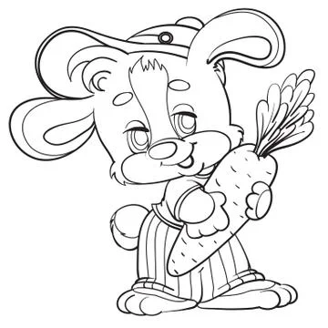 Cute cheerful hare in a big cap holds in his paws a big carrot, isolated object Stock Illustration