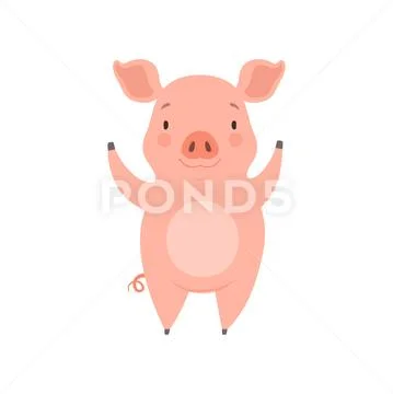 Cute cheerful little pig, funny piglet cartoon character vector Illustration on Stock Illustration