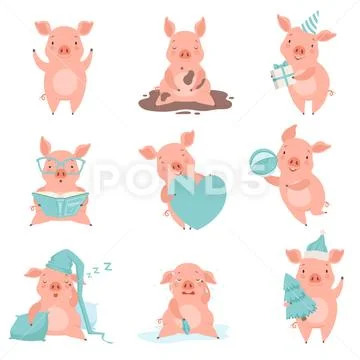 Cute cheerful little pink pigs set, funny piglets cartoon characters in Stock Illustration