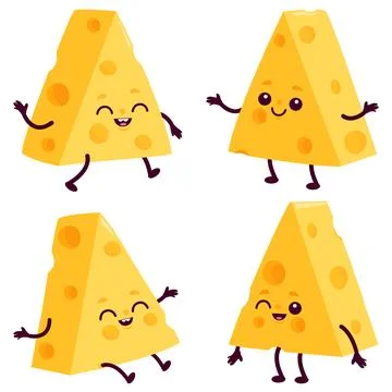 Cute cheese characters sliced in triangle pieces. Set of cartoon dairy products. Stock Illustration
