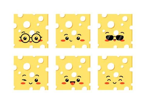 Cute cheese square shape slices with hole vector set isolated on white Stock Illustration