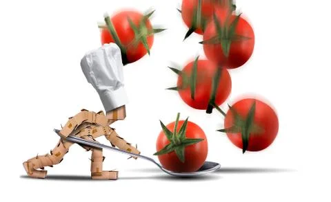 Cute chef box character catching tomatoes Stock Illustration