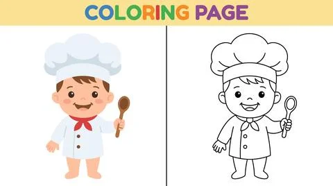 Cute Chef Boy Coloring Page for Kids. Illustrazione stock