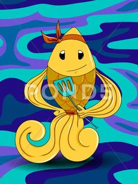 Cute chef fish cartoon holding spatula Stock Illustration