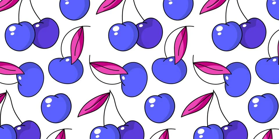 Cute cherries with leaves pattern illustration on white background.  Illustrazione stock