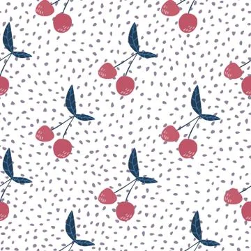 Cute cherries wallpaper on dots background. Cherry seamless pattern for fabri Stock Illustration