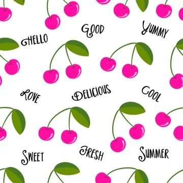 Cute cherry berry pattern background with summer feeling words Stock Illustration