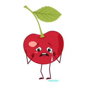 Cute cherry character with crying and tears emotions, face, arms and legs. The Stock Illustration