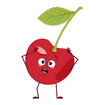 Cute cherry character with emotions in a panic grabs his head, face, arms and Stock-Illustration
