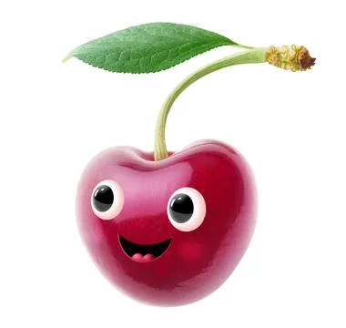 Cute cherry character with leaf and smile isolated on white background Stock Illustration