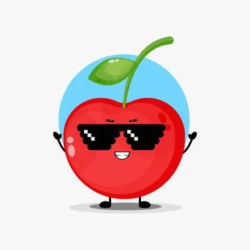 Cute cherry character wearing pixel glasses Stock Illustration