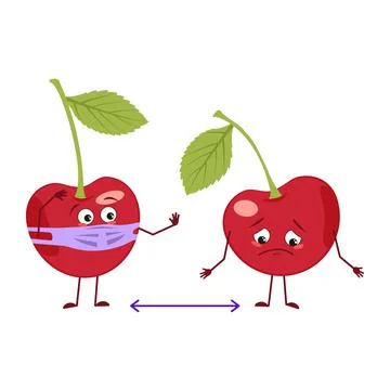 Cute cherry characters with emotions, face and mask keep distance, arms and legs Illustrazione stock