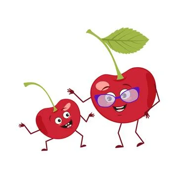 Cute cherry characters with emotions, face. Funny grandmother with glasses and Stock Illustration