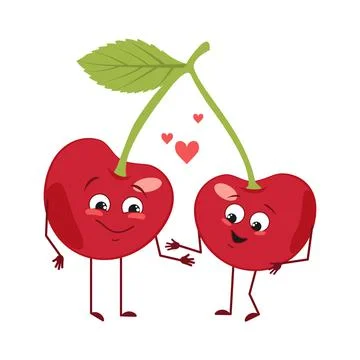 Cute cherry characters with love emotions, face, arms and legs. The funny or Illustrazione stock