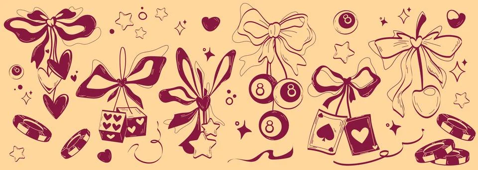 Cute cherry with coquette ribbon and casino motifs Stock Illustration