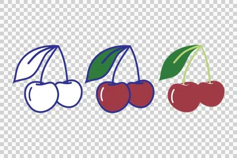 Cute Cherry Fruit Icon Set with Outline Line Art and Flat Color Variations 库存插图