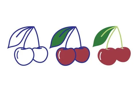 Cute Cherry Fruit Vector Icon Set with Outline Line Art and Flat 库存插图