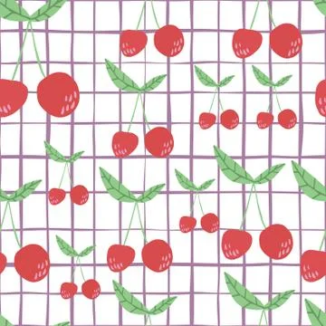 Cute cherry seamless pattern for fabric design. Cherries wallpaper on stripes Stock Illustration