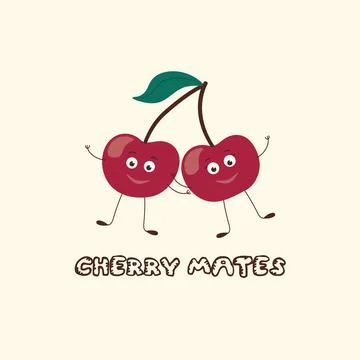 Cute cherry sisters characters on yellow background illustration. Red and Pin Stock Illustration