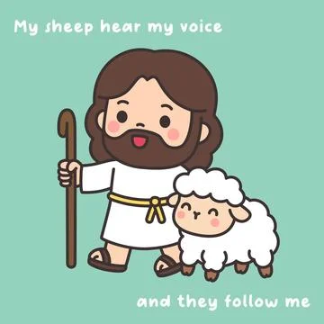 Cute chibi cartoon Jesus shepherd walking with staff beside lamb Stock Illustration