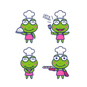 Cute chibi frog chef cartoon character mascot vector illustration set Stock Illustration