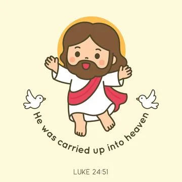 Cute chibi Jesus ascending with doves and He was carried up into heaven Luk.. Stock Illustration