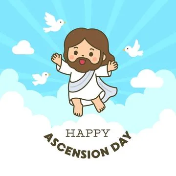 Cute chibi Jesus ascending with doves and Happy Ascension Day text on blue .. Stock Illustration
