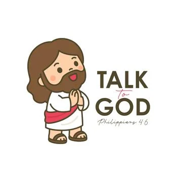 Cute chibi Jesus with clasped hands and Talk to God Philippians 4 6 Bible v.. Stock Illustration