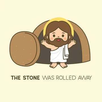 Cute chibi Jesus emerging from tomb with The Stone Was Rolled Away text on .. Stock Illustration
