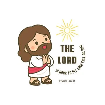 Cute chibi Jesus with hands clasped in prayer and The Lord Is Near to All W.. Stock Illustration