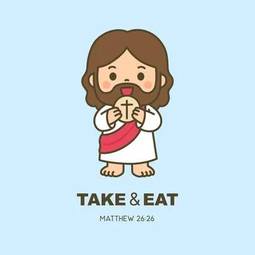 Cute chibi Jesus holding bread with cross and Take and Eat Matthew 26 26 Bi.. Illustrazione stock
