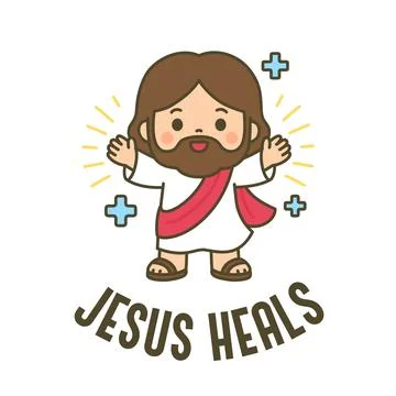 Cute chibi Jesus with open arms and Jesus Heals text surrounded by blue cro.. Stock Illustration